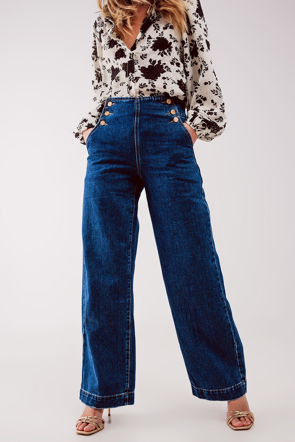 Button Front Jeans in Mid Blue