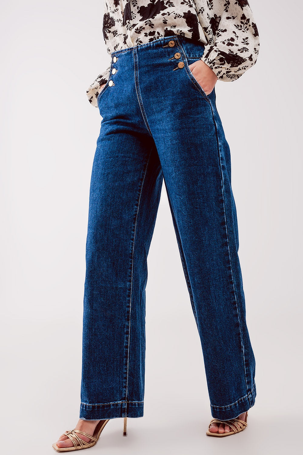 Button Front Jeans in Mid Blue