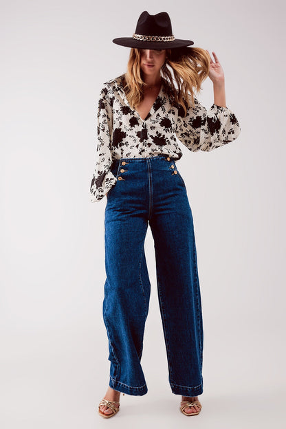 Button Front Jeans in Mid Blue
